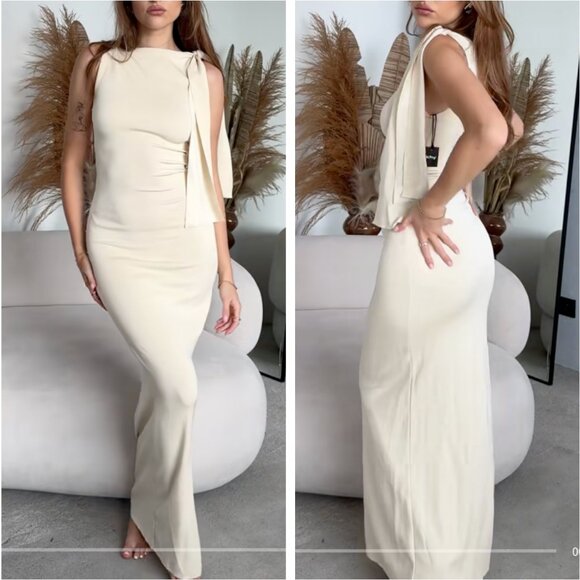KHY Dresses & Skirts - BEST KHY Sueded Stretch Knotted Maxi Dress Stone Bodycon Cocktail Party Medium